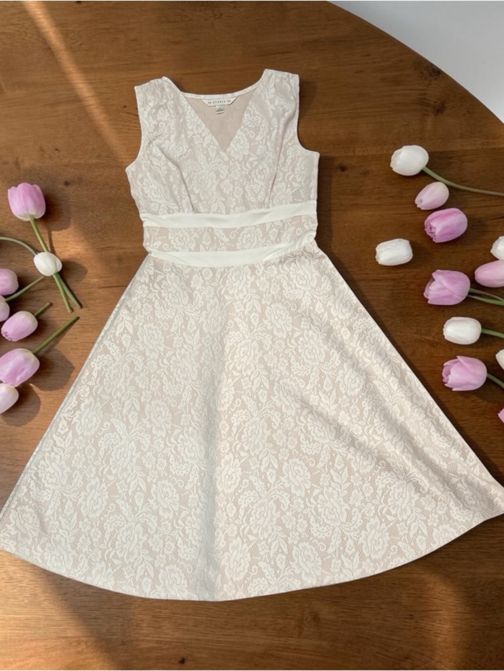 Aa Studio Cream Lace V-Neck Dress